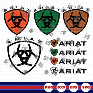 May include: A digital graphic set featuring the Ariat logo in various styles. It includes three large shield-shaped icons in orange, green, and brown, one large black outline shield, and four smaller versions paired with the text ARIAT. PNG, DXF, EPS, SVG labels appear at the bottom.