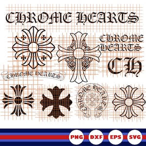 May include: A digital graphic sheet featuring black Chrome Hearts logos, including various cross designs, the text Chrome Hearts, and the letters CH, all arranged on a light grid background with PNG, DXF, EPS, and SVG labels at the bottom.