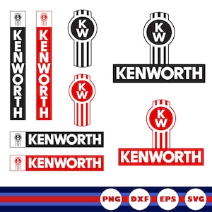 May include: A collection of Kenworth logo designs in black, white, and red. The graphics include vertical and horizontal layouts featuring the KW emblem and the text KENWORTH. At the bottom, four circular icons display the file formats PNG, DXF, EPS, and SVG.