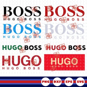 May include: A collection of Hugo Boss logo variations in black, red, blue, and light grey, featuring the text BOSS and HUGO BOSS in various fonts and layouts, overlaid with small red geometric square patterns on a white grid background.