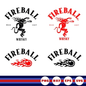 Può includere: Quattro varianti del logo Fireball Whisky con una creatura mitica che sputa fuoco e una sfera infuocata. Il testo recita FIREBALL, RED HOT e WHISKY in nero o rosso. Quattro icone circolari in basso mostrano i formati di file PNG, DXF, EPS e SVG.