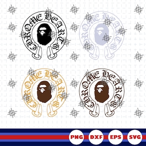 Puede incluir: Un diseño gráfico digital que presenta cuatro logotipos circulares dispuestos en una cuadrícula. Cada logotipo muestra una silueta de primate centrada en una forma de herradura, rodeada por el texto CHROME HEARTS en fuente gótica, en negro, azul claro, oro y marrón.