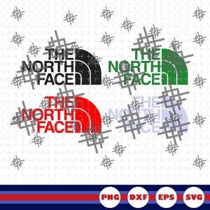Könnte beinhalten: Eine digitale Grafik mit vier Versionen des The North Face Logos in Schwarz, Grün, Rot und einem blassen Hellblau, überlagert mit einem sich wiederholenden grauen Gittermuster. Unten zeigen vier weiße kreisförmige Symbole den Text PNG, DXF, EPS und SVG.
