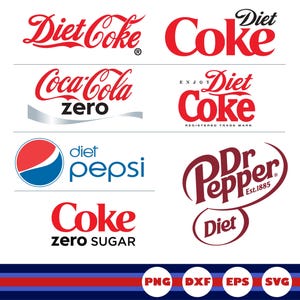 以下が含まれることがあります： Diet Coke、Coca-Cola Zero、Diet Pepsi、Dr Pepper、Coke Zero Sugarなどの飲料ブランドロゴのコレクション。ロゴは白地に赤、黒、青のテキストとグラフィックで構成されており、PNG、DXF、EPS、SVGのファイル形式ラベルが付いています。