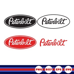 May include: A collection of four Peterbilt logo variations including two oval-enclosed designs in black and red, one black outline oval, and one standalone red script logo. The bottom of the image displays four circular icons labeled PNG, DXF, EPS, and SVG.