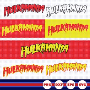 Pode incluir: Uma coleção gráfica digital apresentando a palavra HULKAMANIA em uma fonte serrilhada e estilizada. O texto aparece em várias combinações de cores, incluindo vermelho, amarelo, preto e branco, sobre fundos vermelhos, amarelos e pontilhados.