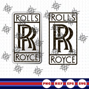 以下が含まれることがあります： RollsとRoyceの文字の間にダブルRのモノグラムが中央に配置された、Rolls-Royceロゴの2つの長方形グラフィックデザイン。片方はシルバーメタリックの背景で、もう片方はグリッドが重なった白黒のデザインです。