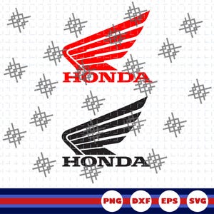 Puede incluir: Un gráfico digital que muestra dos logotipos de Honda con el emblema alado y el texto HONDA. El logotipo superior es rojo y el inferior es negro. El fondo consiste en una cuadrícula blanca con símbolos de cruz grises y una barra azul inferior.