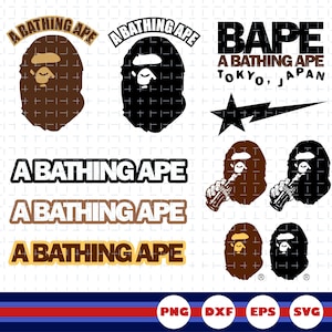 Puede incluir: Una colección de archivos gráficos digitales con el logotipo de A Bathing Ape, que incluye siluetas de cabezas de simio en marrón y negro, el texto A BATHING APE, BAPE TOKYO, JAPAN, un icono de estrella y cabezas de simio sosteniendo botellas.