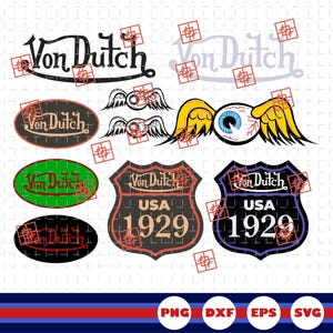 May include: A digital graphic collection featuring the Von Dutch logo in black and white, oval patches with the text Von Dutch, winged eyeball illustrations, and shield-shaped emblems labeled USA 1929. The file formats PNG, DXF, EPS, and SVG are listed.