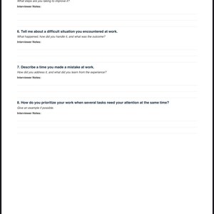 Puede incluir: Un documento blanco titulado INTERVIEW QUESTIONS 5-8 que contiene cuatro preguntas numeradas sobre habilidades profesionales, situaciones difíciles, errores y priorización de tareas, con líneas en blanco para notas.