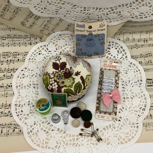 Floral and Velvet Pin Cushion - OOAK Hand Made Pincushion - Green and Brown Pincushion - Vintage Sewing Notions - Sewing Tools and Supplies