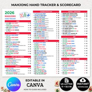 May include: A white Mahjong hand tracker and scorecard for 2026 with red headers and blue, green, and black text. It lists various hand combinations, point values, and rules. Includes a Canva logo, US Letter 8.5 x 11 inch label, and download icon.