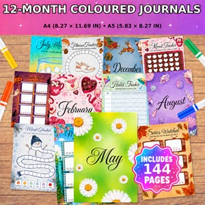 May include: A collection of 12-month colored journals featuring various monthly themes, trackers, and illustrations. The text includes 12-MONTH COLOURED JOURNALS, A4 (8.27 x 11.69 IN), A5 (5.83 x 8.27 IN), and INCLUDES 144 PAGES. Markers are visible on the sides.