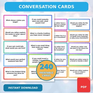 Op de afbeelding: Een set printbare gesprekskaarten met diverse vragen in kleurrijke rechthoekige kaders. De tekst CONVERSATION CARDS staat bovenaan en een ronde badge vermeldt 240 PRINTABLE CARDS. Onderaan staat de tekst INSTANT DOWNLOAD.