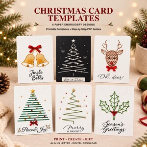 May include: Six Christmas card templates featuring paper embroidery designs. The cards display stitched motifs including gold bells, a black tree, a reindeer, two green trees, and holly leaves. Text includes Jingle Bells, Let it Snow, Oh, deer!, Peace & Joy, Merry & BRIGHT, and Season's Greetings.
