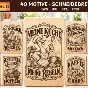May include: A collection of nine rectangular wooden cutting boards featuring dark brown laser-engraved illustrations and German text. The designs include a duck in a chef hat, a cat cooking, a bear, and various kitchen-themed motifs and phrases.