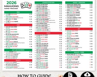May include: A 2026 Mahjong hand tracker and scorecard printed on a white sheet. The document features categorized sections for hands including 2026, 2468, consecutive runs, winds and dragons, 369, and singles and pairs, with point values and rules.