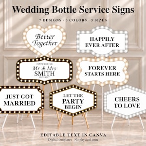 Könnte beinhalten: Eine Sammlung von sieben digitalen Hochzeitsschildern für Flaschenservice mit markanten Glühbirnen-Rahmen in verschiedenen Formen. Die Schilder zeigen Texte wie Better Together, Happily Ever After, Mr & Mrs Smith, Forever Starts Here, Just Got Married, Let The Party Begin und Cheers To Love.