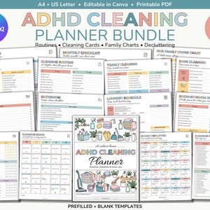 May include: An ADHD cleaning planner bundle featuring 85+ pages of printable templates. Includes checklists for daily, weekly, monthly, and yearly cleaning, family chore charts, laundry schedules, and decluttering guides with colorful, organized layouts.