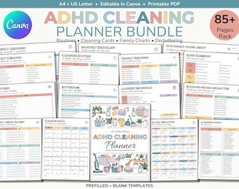 May include: An ADHD cleaning planner bundle featuring 85+ pages of printable templates. Includes checklists for daily, weekly, monthly, and yearly cleaning, family chore charts, laundry schedules, and decluttering guides with colorful, organized layouts.