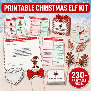 Könnte beinhalten: Ein druckbares Weihnachts-Elfen-Set bestehend aus verschiedenen Papierartikeln wie Minischildern, Geschenkgutscheinen, einer North Pole Express-Box, einem Spielrad, Witzkarten, einem Brief sowie Requisiten wie einem Bart, einer Fliege, Elfenohren und einem Rentiergeweih.