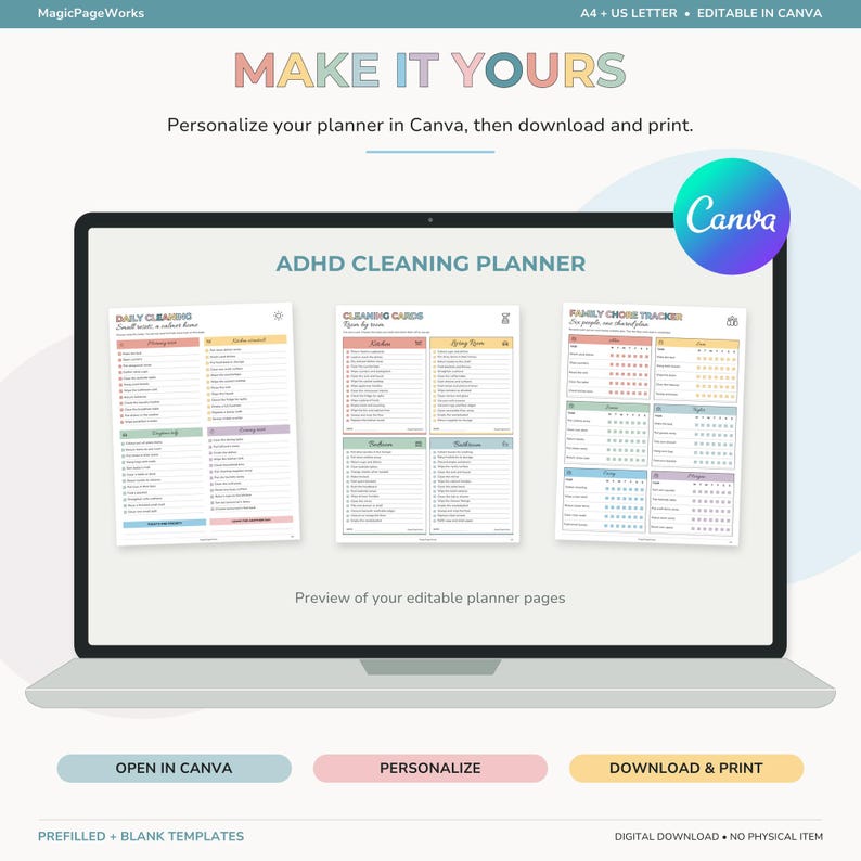 ADHD Cleaning Planner Bundle, ADHD Cleaning Schedule Editable Canva ...