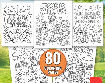 Peut inclure: Un ensemble de 80 pages de coloriage de versets bibliques pour enfants avec des illustrations au trait noir et blanc. Les motifs incluent un cœur avec le texte The Lord Looks At The Heart, Jésus avec des enfants, une scène de télescope et une crèche.