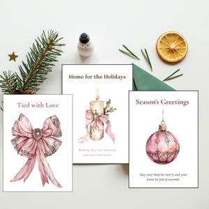 Pink Christmas Card Bundle, Digital Download Holiday Stationery, Watercolor Xmas Greeting Cards, Cute Seasonal Note Cards
