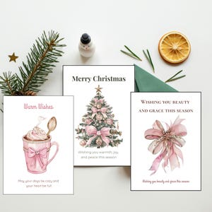 Ensemble de cartes de Noël roses, papeterie de Noël aquarelle, jolies cartes de vœux sapin de Noël, messages festifs à télécharger.
