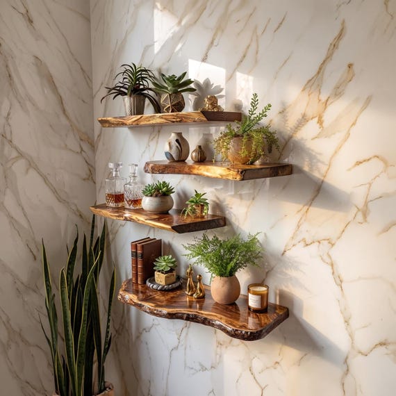 A live-edge natural wood wall shelf that turns raw lumber character — knots, grain, organic curves — into functional wall art.