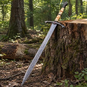 May include: A double-edged sword with a patterned Damascus steel blade, a dark metal crossguard featuring a small red accent, and a light-coloured handle with intricate engravings. The pommel is dark metal with a pointed, geometric design.