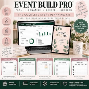 Può includere: Il kit di pianificazione eventi Event Build Pro include un computer portatile con dashboard, un tablet con copertina floreale, una tazza bianca con testo e modelli stampati per la pianificazione di eventi, budget e liste di cose da fare.
