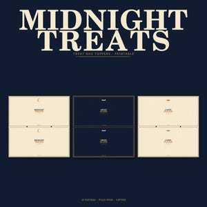 May include: A set of printable treat bag toppers featuring the text MIDNIGHT TREATS, SWEET SCARE, and CANDY PLEASE. The designs include icons of a crescent moon, bats, and a candy piece on cream and dark blue backgrounds with fold-over lines.