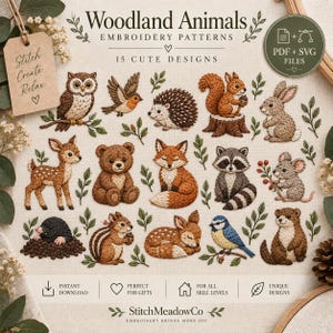 Puede incluir: Una colección de 15 diseños de bordado de animales del bosque que incluyen un búho, ardilla, erizo, conejo, ciervo, oso, zorro, mapache, ratón, topo, ardilla listada y pájaro. El texto dice Woodland Animals Embroidery Patterns y StitchMeadowCo.