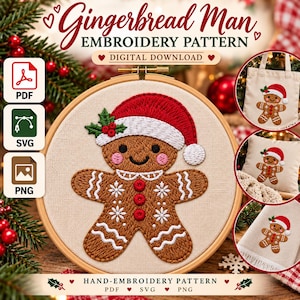 Könnte beinhalten: Ein digitales Stickmuster mit einem Lebkuchenmann, der eine rot-weiße Weihnachtsmütze mit Stechpalmenblättern trägt. Das Design enthält PDF-, SVG- und PNG-Dateisymbole. Kleinere kreisförmige Einsätze zeigen das Motiv auf einer Tasche und Kissen.