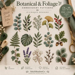 May include: A collection of 15 botanical and foliage embroidery patterns featuring various leaves, flowers, berries, and pinecones. The set includes a brown paper tag with the text Stitch Create Relax and a circular badge indicating PDF and SVG files.