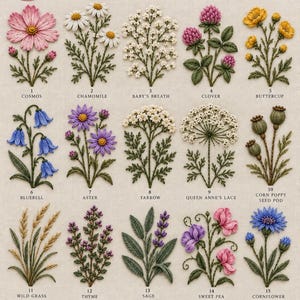 May include: A collection of 15 wildflower embroidery patterns titled 15 Wildflower Designs Embroidery Patterns. The image displays individual stitched illustrations of cosmos, chamomile, baby's breath, clover, buttercup, bluebell, aster, yarrow, queen anne's lace, corn poppy seed pod, wild grass, thyme, sage, sweet pea, and cornflower.