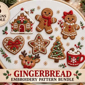 May include: An embroidery hoop containing 8 Christmas-themed designs including a gingerbread house, gingerbread people, a heart, a star, a tree, a reindeer, and a mug of cocoa. Text reads 8 DESIGNS BUNDLE, PDF, SVG, PNG, and GINGERBREAD EMBROIDERY PATTERN BUNDLE.