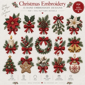 Puede incluir: Una colección de 15 diseños de bordado navideño con flores de pascua, piñas, muérdago, coronas, bastones de caramelo, campanas, árboles, estrellas de jengibre, algodón, canela y adornos, con el texto Christmas Embroidery PDF + SVG.