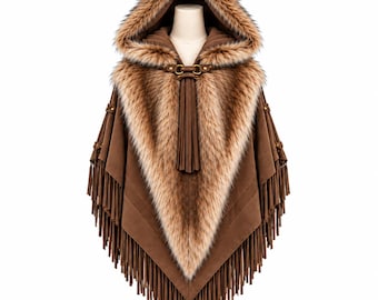 Poncho met capuchon van imitatiebont, bruine cape met franjes, unisex wintermantel