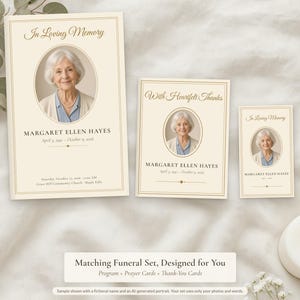 May include: A funeral stationery set featuring a program, a prayer card, and a thank-you card in cream with gold borders. Each piece displays the text In Loving Memory or With Heartfelt Thanks, a portrait of Margaret Ellen Hayes, and dates.