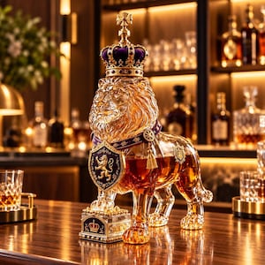 Könnte beinhalten: Eine Karaffe aus klarem Glas in Form eines stehenden Löwen, gefüllt mit bernsteinfarbener Flüssigkeit. Der Löwe trägt ein violett-goldenes Halsband mit Wappenschild und eine passende Krone auf dem Kopf. Er steht auf einem rechteckigen Sockel.