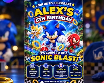 Sonic Birthday Invitation Template, Blue Hedgehog Boys Party Invite, Editable Canva Kids Evite, Digital Download