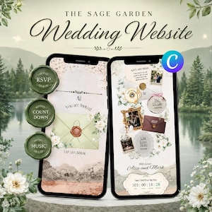 May include: Two smartphones display a digital wedding website template titled The Sage Garden. The screens show floral graphics, an envelope with a wax seal, and buttons labeled RSVP, Countdown, and Music against a soft, light-colored background.
