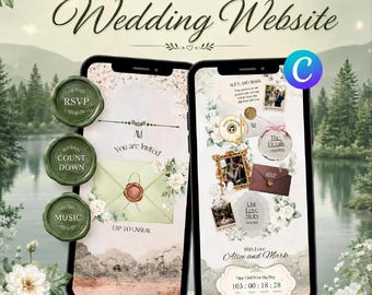 Wedding Website Template Sage Green Ivory Floral, Save the Date Template, RSVP Music Countdown Timer, Editable Canva Digital Download