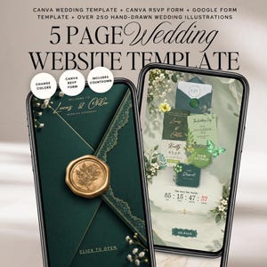 以下が含まれることがあります： 2台のスマートフォンに表示された5ページの結婚式ウェブサイトテンプレート。ダークグリーンの封筒に金のシーリングワックス、花のイラスト、「Lucas & Chloe」、「Click to Open」などのテキスト、カウントダウンタイマーがデザインされています。