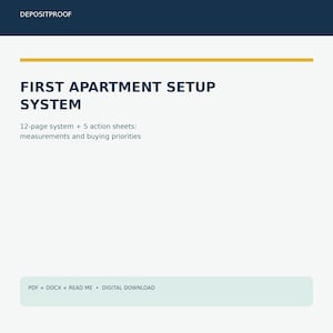 Może przedstawiać: Dokument cyfrowy zatytułowany DEPOSITPROOF FIRST APARTMENT SETUP SYSTEM. Tekst wskazuje na 12-stronicowy system i 5 arkuszy działań dotyczących pomiarów i priorytetów zakupowych. Dolna sekcja określa PDF, DOCX i READ ME pobieranie cyfrowe.
