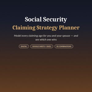 Puede incluir: Un documento digital de planificador de estrategia de reclamo de seguridad social con un fondo degradado oscuro. El texto incluye Second Act Retirement, Social Security Claiming Strategy Planner, Model every claiming age for you and your spouse, Digital, Google Sheets + Excel y 81 Combinations.