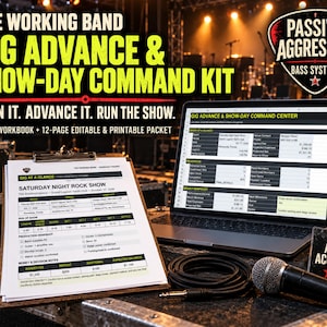 May include: A digital gig advance and show-day command kit featuring an Excel workbook and a 12-page printable packet. The kit includes a clipboard with a show schedule, a laptop displaying a command center dashboard, a microphone, and a cable.
